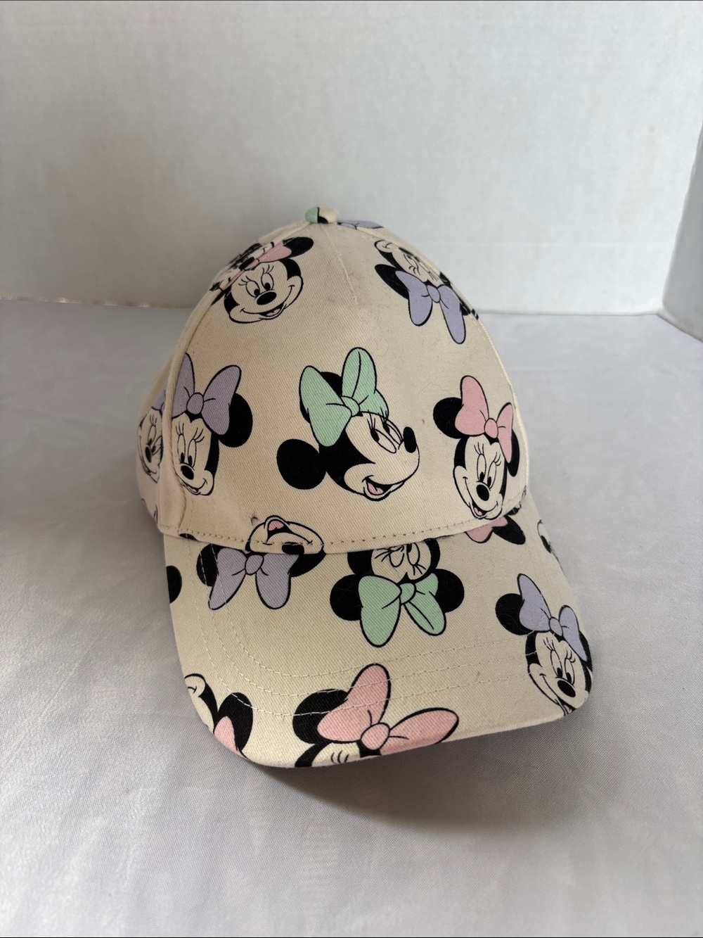Disney Beige Baseball Cap with Pastel Mint Pink and Lavender Minnie Bow Print